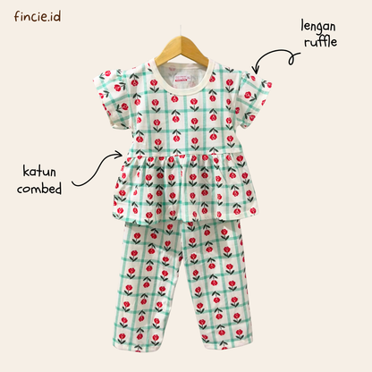 Setelan Celana Panjang Anak Perempuan Usia 1-10 Tahun Bunga Lengan Ruffle