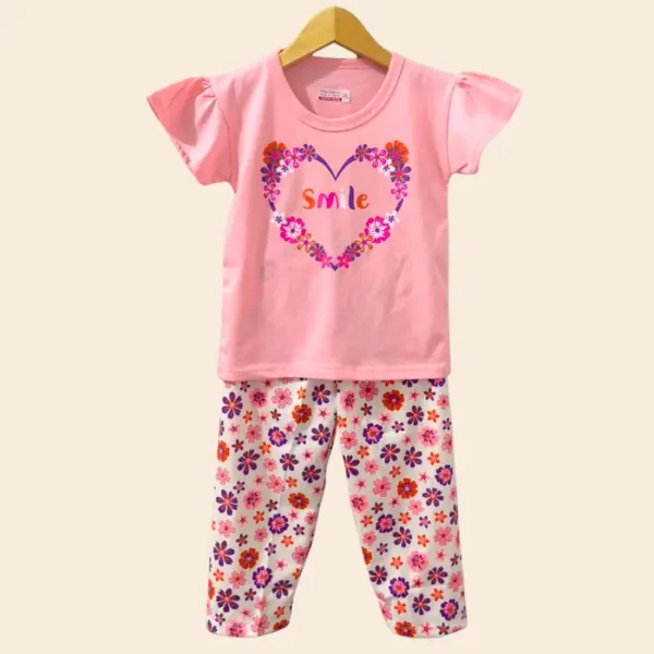 Setelan anak perempuan kaos pink Smile dan celana motif bunga