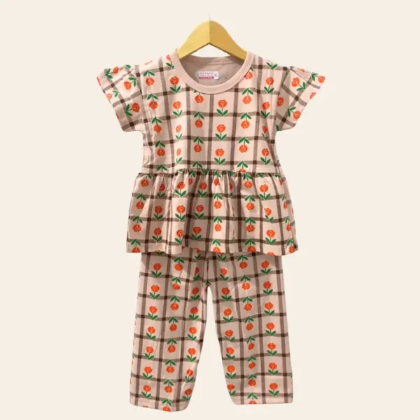 Setelan anak perempuan lengan ruffle motif kotak coklat bunga oranye