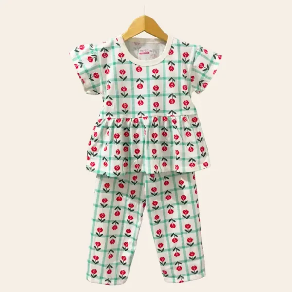 Setelan anak perempuan lengan ruffle motif kotak hijau bunga merah